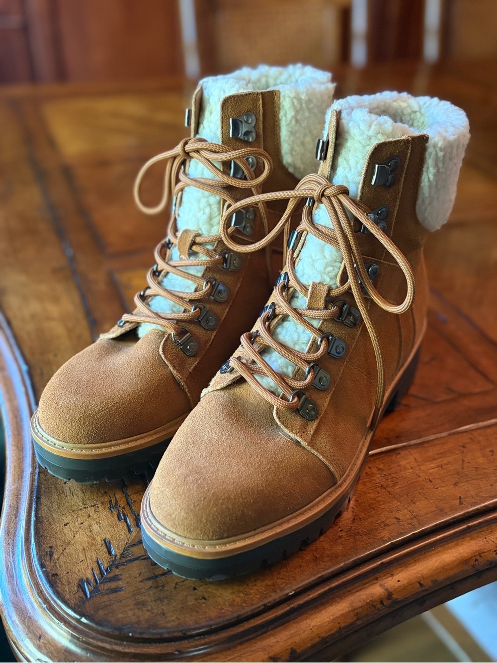 Marc Fisher Tan Suede Lace-Up Sherpa Ankle Boots #1215